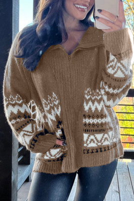 Brown Western Printed Ribbed Trim Collared Zip up Cardigan LC2711750-P1720