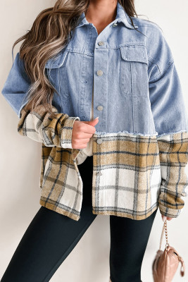 Khaki Plaid Patchwork Buttoned Oversized Denim Jacket LC788582-P1622