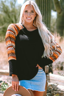 Orange Geo Print Raglan Patchwork Long Sleeve Tee LC25226063-P1422