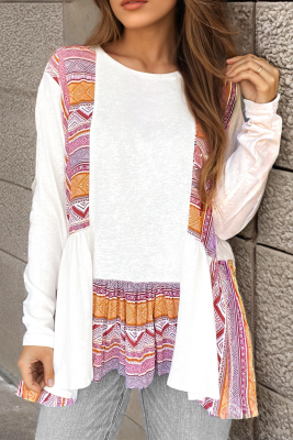 White Western Aztec Print Patchwork Ruffled Tunic Long Sleeve Babydoll Top LC25128984-P101