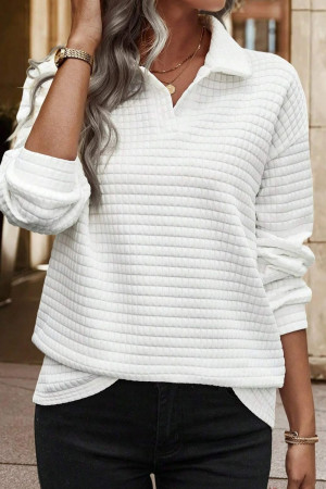 White Quilted Texture Sporty Collared Long Sleeve Top LC25129356-P1