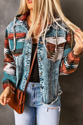 Multicolor Aztec Print Frayed Hem Denim Jacket LC788120-22