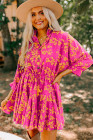 Pink Floral Print Drawstring Tunic Flowy Short Dress