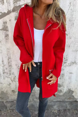 Fiery Red Solid Color Casual Zip up Hooded Coat LC859088-P3