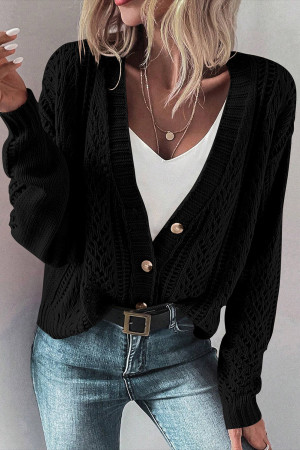 Black Open Knit Drop Shoulder Sweater Cardigan LC2711785-P2