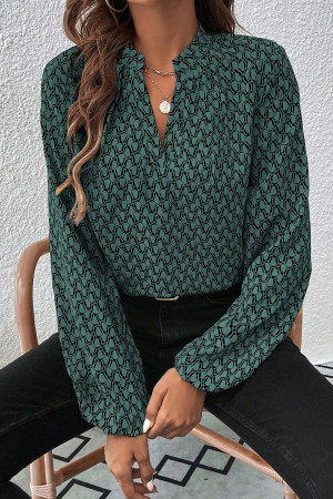 Green Geometric Print Notched Neck Puff Sleeve Blouse LC25129254-P920