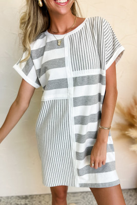 Gray Stripe Mixed Printed Short Sleeve Shift Mini T Shirt Dress LC6122448-P1119