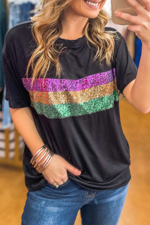 Black Sequin Stripes Patchwork Mardi Gras Crew Neck T Shirt LC25227549-P2