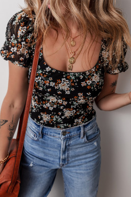 Black Floral Print U Neck Short Puff Sleeve Bodysuit LC6421884-P220