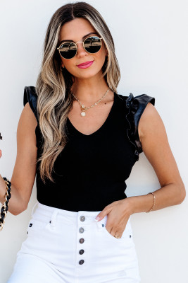 Black Leatherette Ruffle Patchwork Ribbed V Neck Bodysuit LC6421899-P2