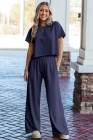 Navy Blue Raw Hem Loose Tee and Wide Leg Pants Set