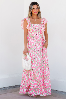 Pink Floral Print Square Neck Ruffled Strap Maxi Dress LC6119896-P1020