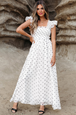 White Polka Dot Flutter Sleeve Square Neck Smocked Maxi Dress LC6120210-P1