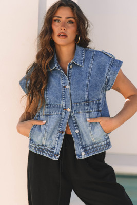 Ashleigh Blue Acid Wash Elastic Hem Button Up Denim Vest LC790143-P604