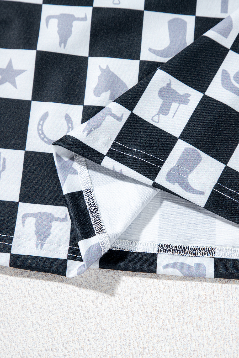 Black Western Fashion Checkerboard Print Side Split T Shirt