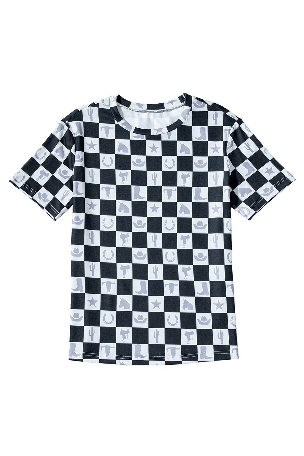 Black Western Fashion Checkerboard Print Side Split T Shirt