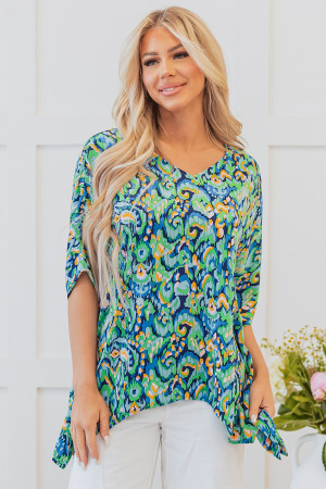 Green Abstract Print V Neck Half Sleeve Loose Fit Tunic Blouse LC25129427-P920