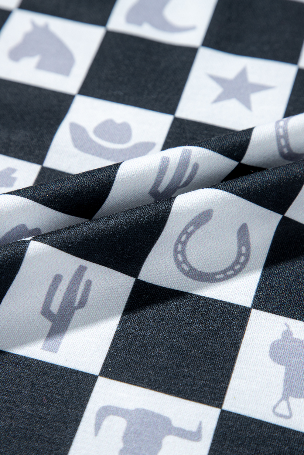 Black Western Fashion Checkerboard Print Side Split T Shirt