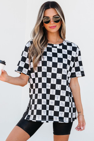 Black Western Fashion Checkerboard Print Side Split T Shirt LC25227499-P220