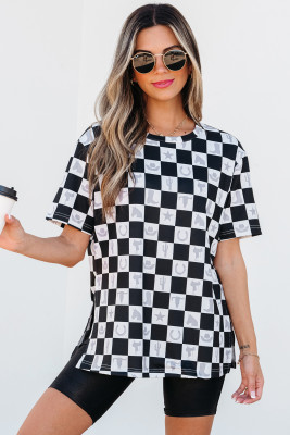 Black Western Fashion Checkerboard Print Side Split T Shirt LC25227499-P220