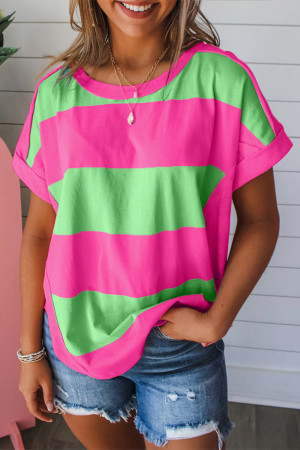 Green Colorblock Rounded Hem Loose T Shirt LC25128147-P9