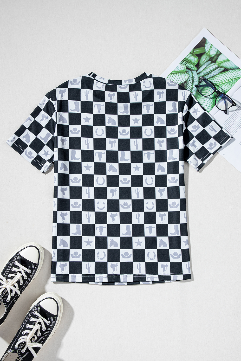 Black Western Fashion Checkerboard Print Side Split T Shirt