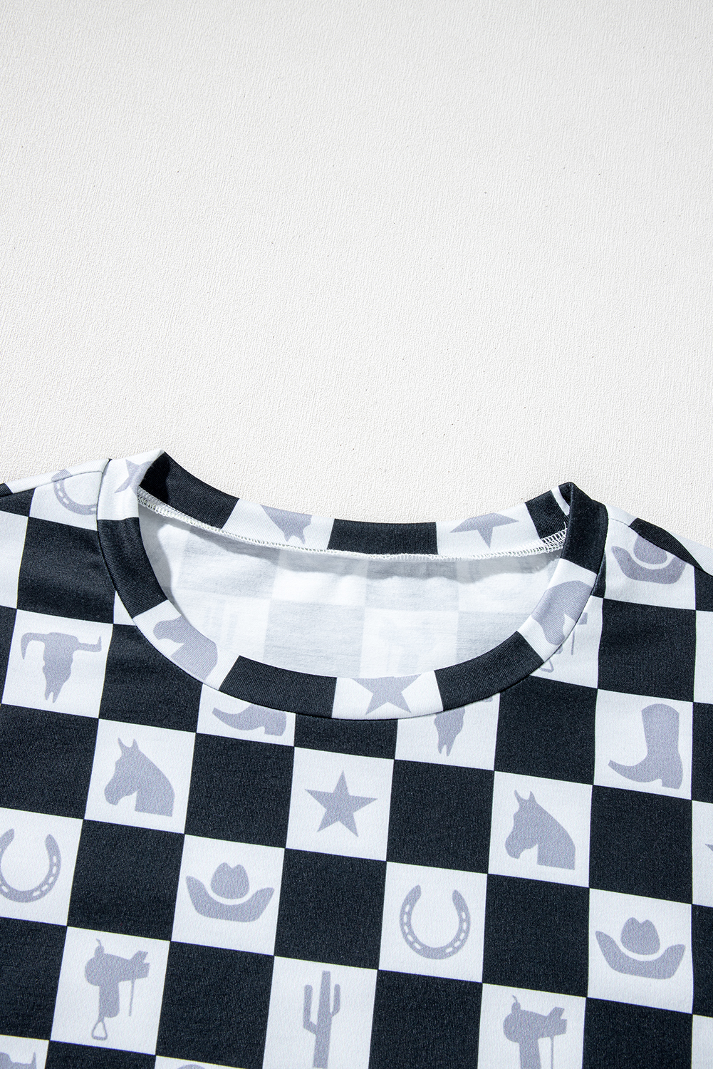 Black Western Fashion Checkerboard Print Side Split T Shirt
