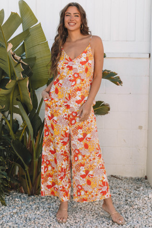 Orange Floral V Neck Wide Leg Sleeveless Jumpsuit LC6413561-P1420