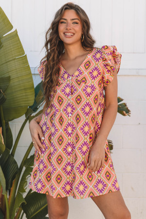 Orange Geometric Floral V Neck Buttoned Ruffled Sleeve Mini Dress LC6123092-P1420