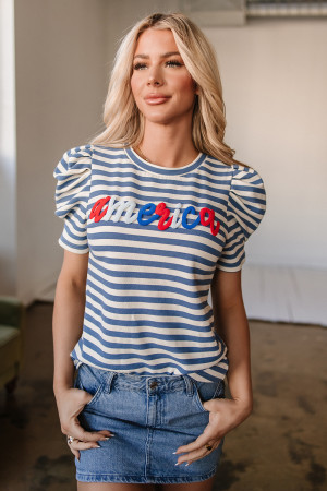 Blue Stripe America Cursive Graphic Puff Sleeve T-shirt LC25227706-P519