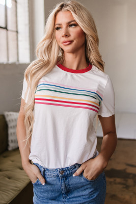 White Rainbow Stripe Print Contrast Crewneck T Shirt LC25227708-P1