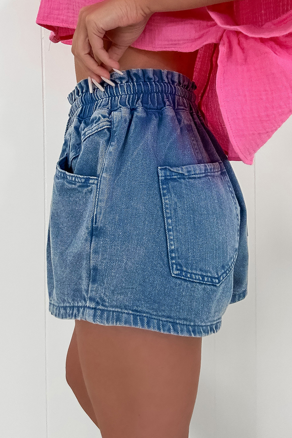 Ashleigh Blue Drawstring Elastic Waistband Casual Denim Shorts with Pockets