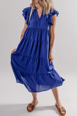 Bluing Ruffled Short Sleeve Collared V Neck Tiered Midi Dress LC6123285-P105