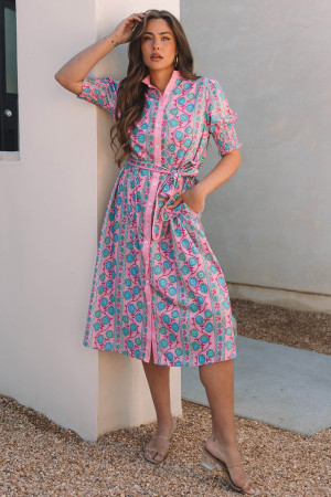 Pink Floral Shirred Puff Sleeve Buttoned Front Midi Dress with Sash LC6123061-P1020