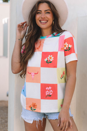 Orange Western Fashion Checker Print Crewneck T Shirt LC25227553-P1420