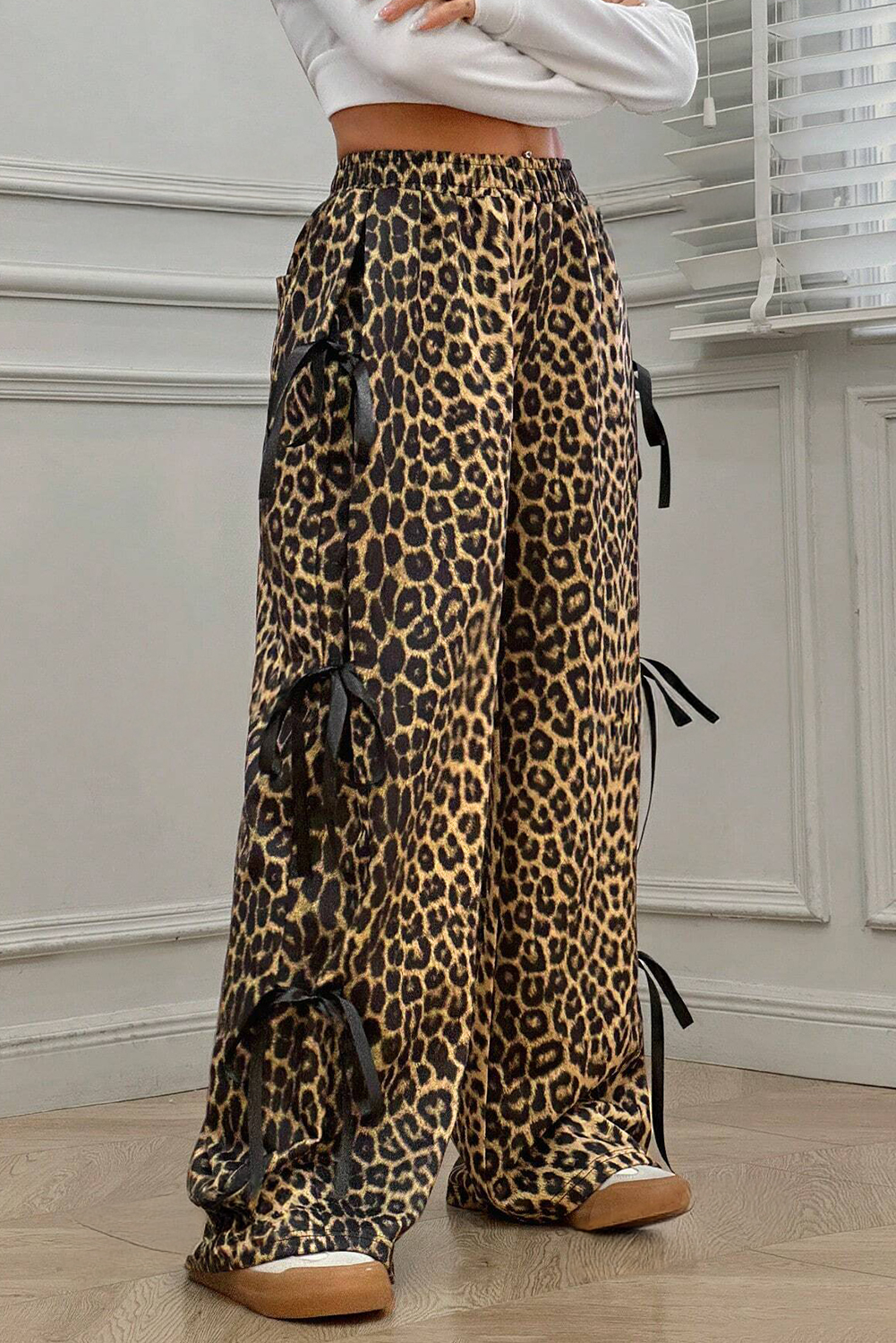 Brown Leopard Print Bow Tie Elastic Waistband Loose High Waist Pants
