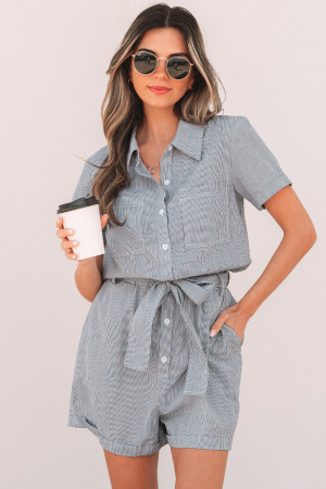 Blue Stripe Chest Pockets Buttoned Belted High Waist Romper LC6413829-P519