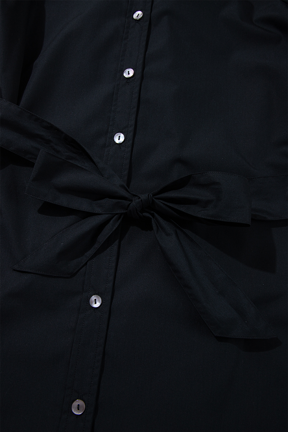 Black Button Up Tie Waist Puff Sleeve Mini Dress