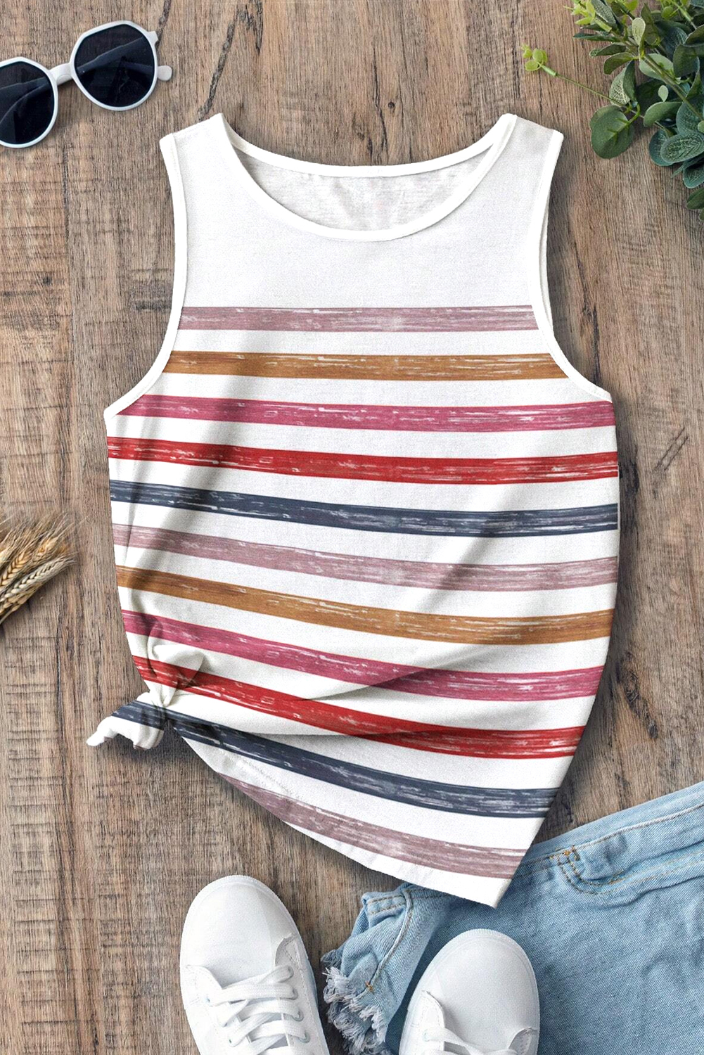 Red Stripe Rainbow Round Neck Tank Top