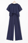 Navy Blue Raw Hem Loose Tee and Wide Leg Pants Set