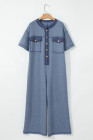 Beau Blue Half Placket Chest Pockets Short Sleeve Wide Leg Jumpsuit