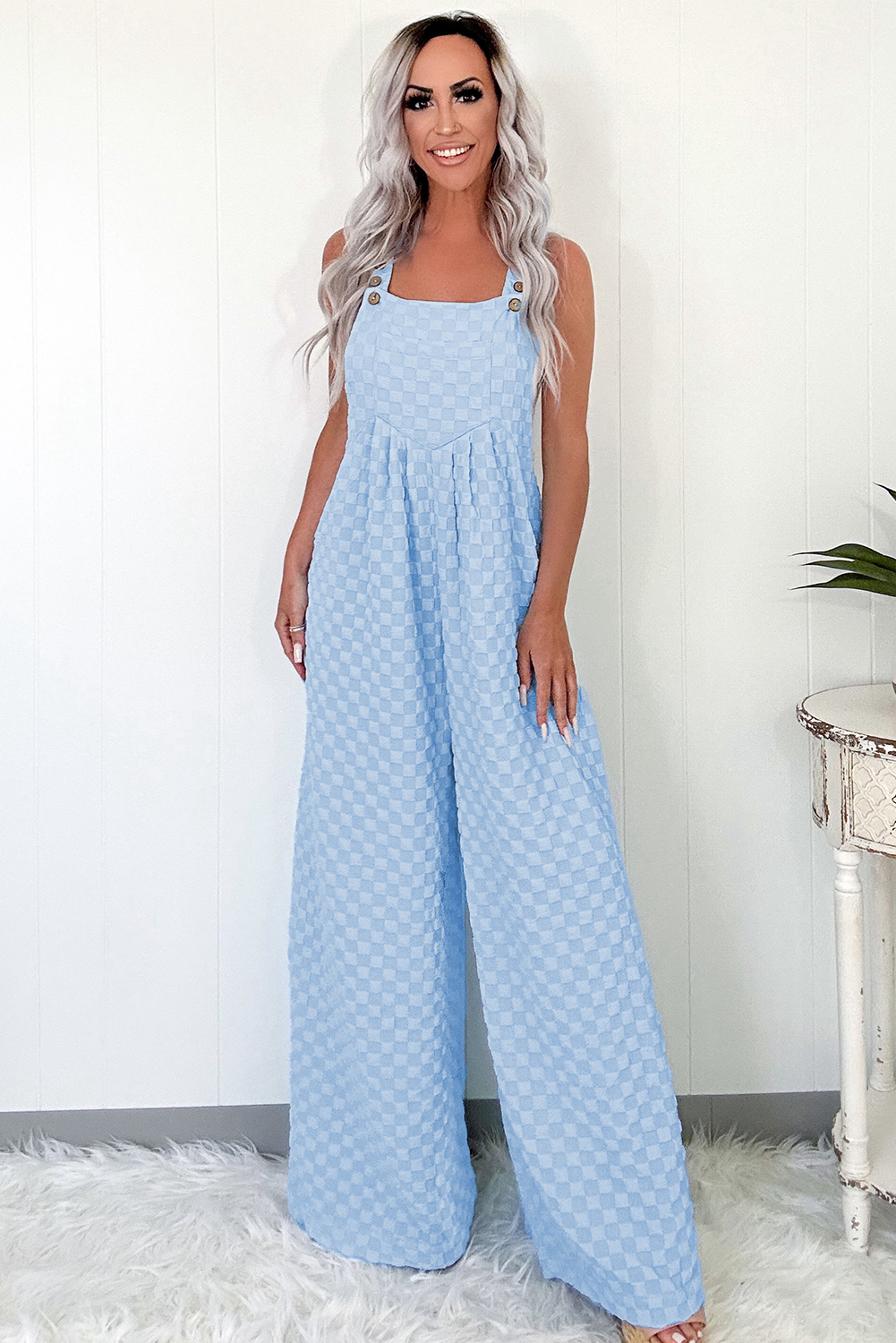 Beau Blue Checkered Pocketed High Waist Wide Leg Overall