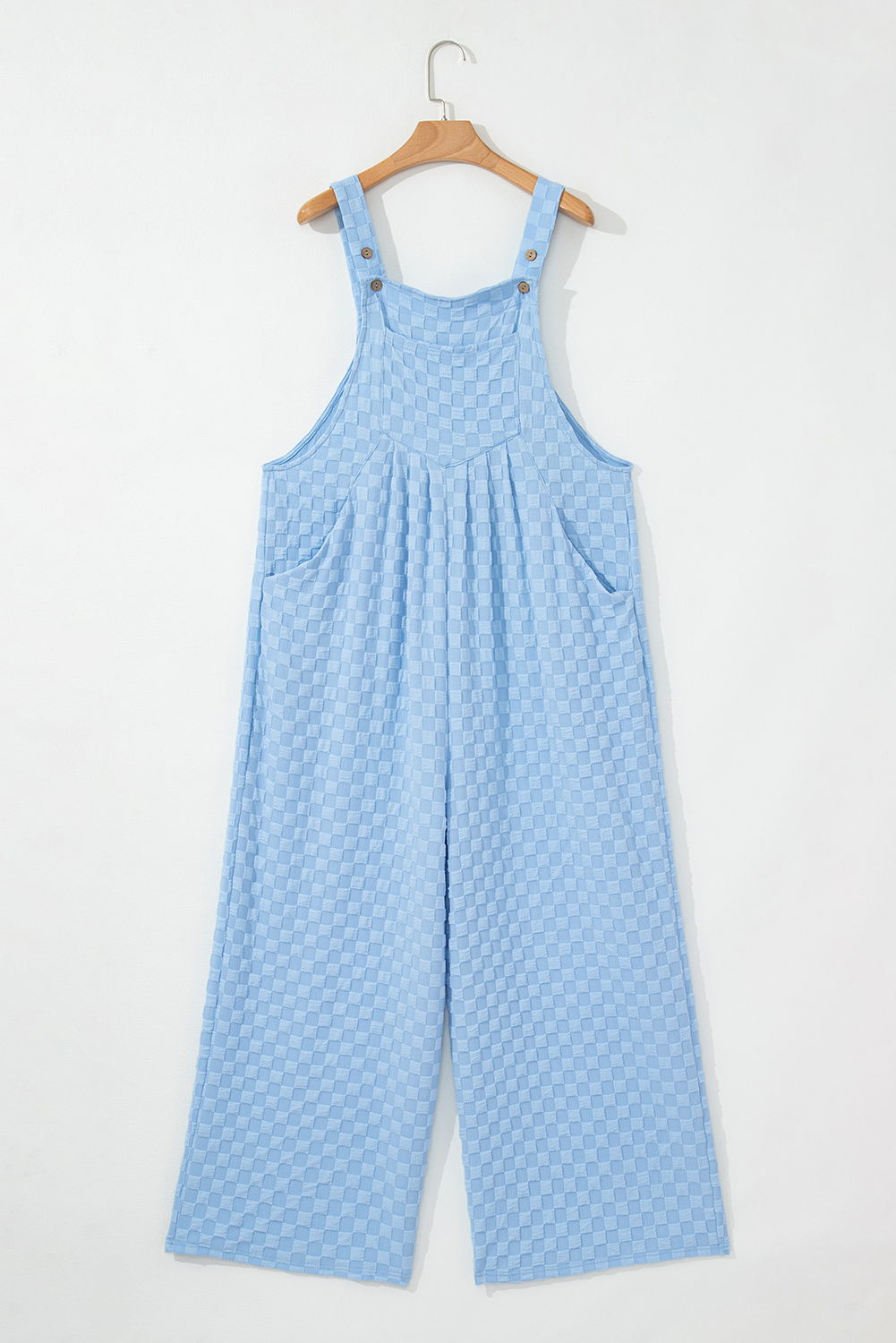 Beau Blue Checkered Pocketed High Waist Wide Leg Overall