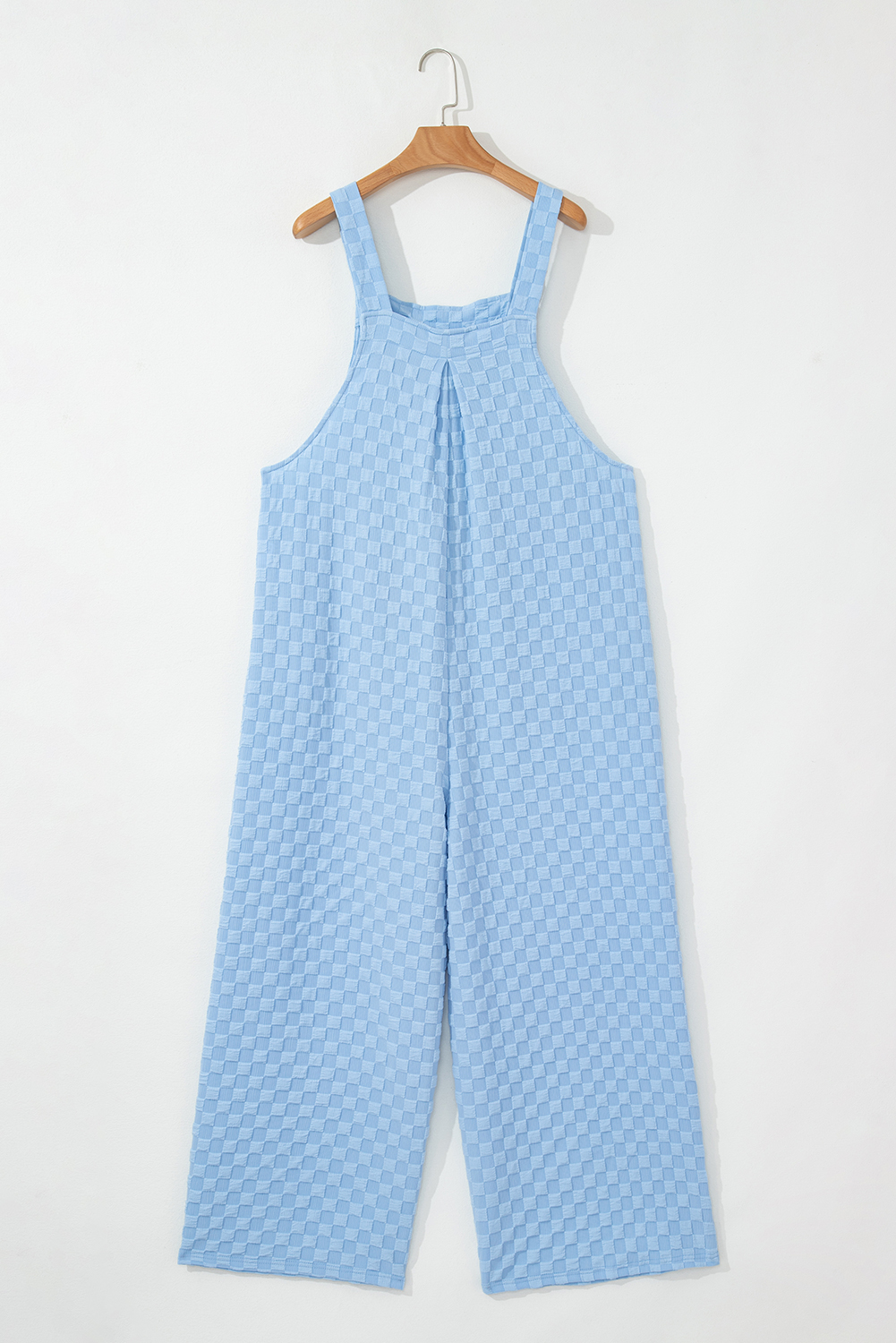 Beau Blue Checkered Pocketed High Waist Wide Leg Overall