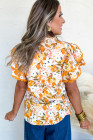 Russet Orange Ruffled V Neck Scalloped Short Sleeve Floral Blouse