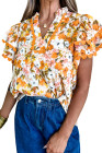 Russet Orange Ruffled V Neck Scalloped Short Sleeve Floral Blouse