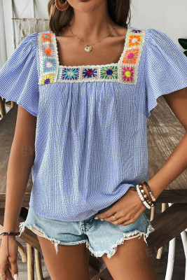 Sky Blue Stripe Textured Ruffle Short Sleeve Boho Detail Square Neck Blouse LC25129670-P419