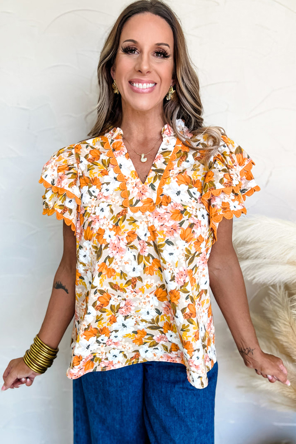 Russet Orange Ruffled V Neck Scalloped Short Sleeve Floral Blouse