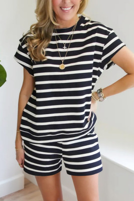 Black White Striped Short Sleeve Top and Shorts Set LC627145-P102