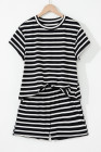 Black White Striped Short Sleeve Top and Shorts Set